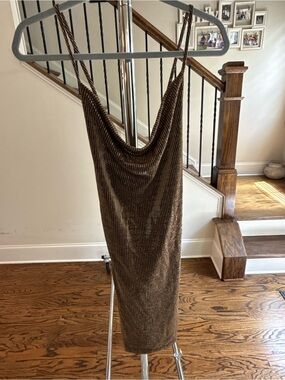Libian Brown Metallic Ribbed Mini Dress